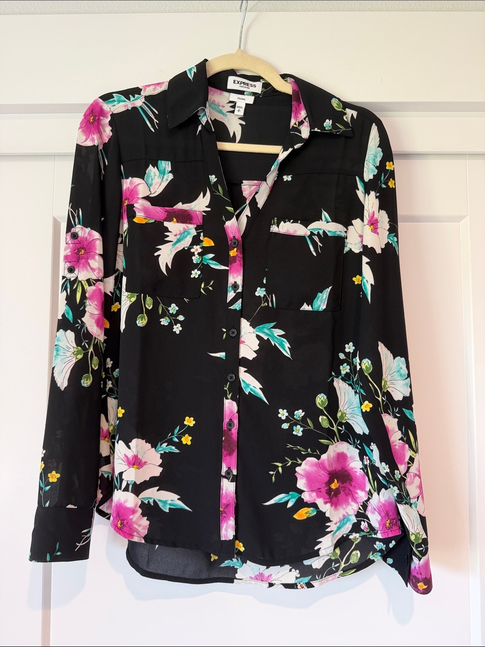 Express Black Floral Button-Down Shirt with Pink & Teal Accents
